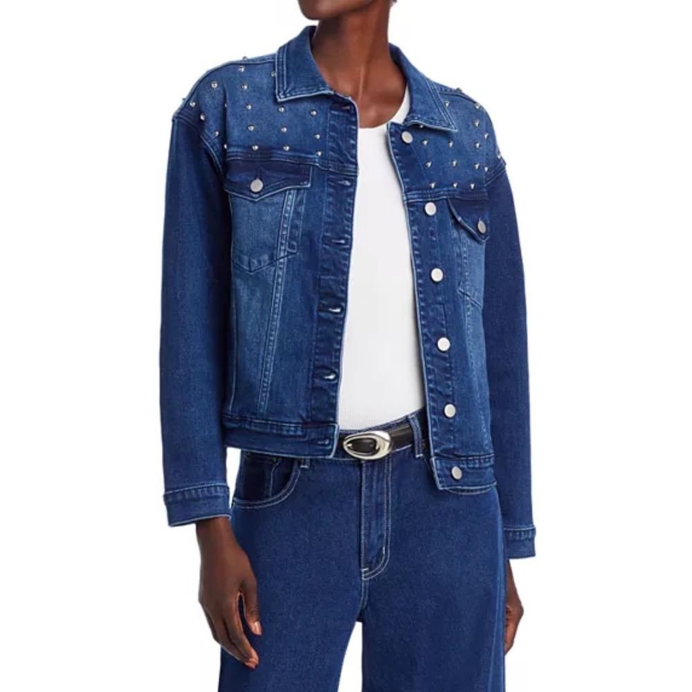 AQUA Denim Jacket XL Silver Studded Dark Wash‎ Jean Coat Women's